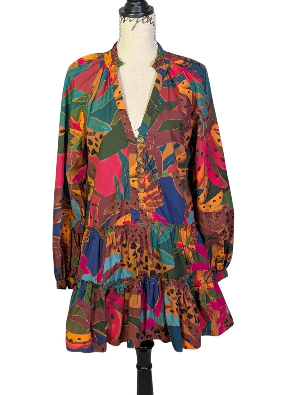 FARM Rio Tropical Botanical Tiered Mini Dress Small Boho Resort Colorful